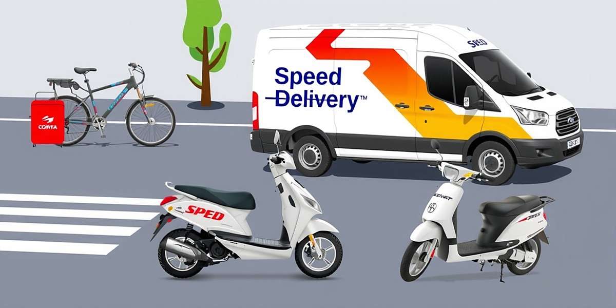 Speed Delivery Vehicle Collection Various delivery vehicles in Speed Delivery including bicycle, scooter, and delivery van